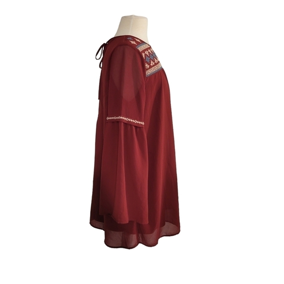 Entro Maroon Red Embroidered Boho Flowy Mini Dress - Picture 3 of 7